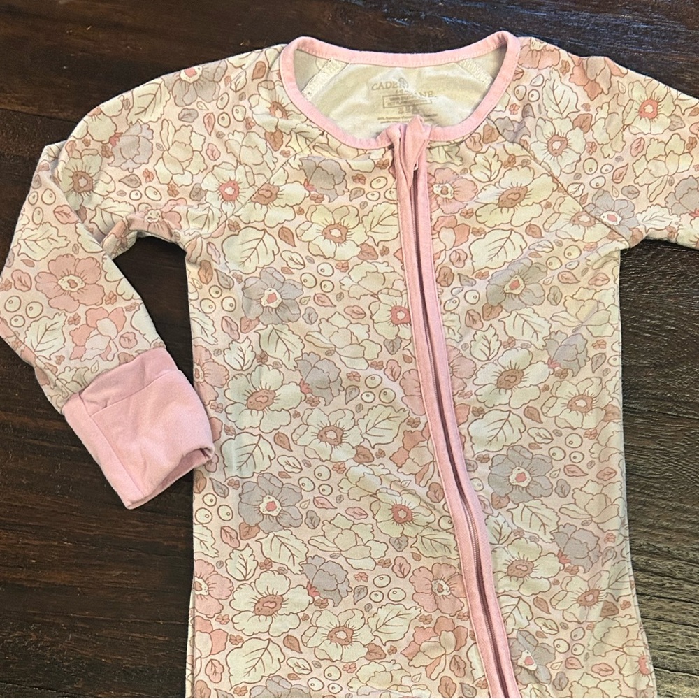 Caden Lane Pink Floral Bamboo Double Zipper Sleeper- Foot and Hand Covers